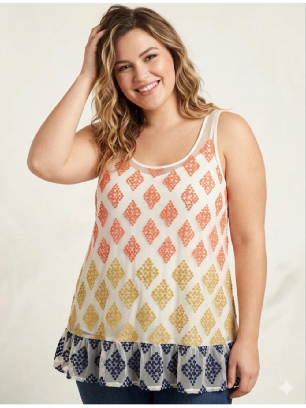 Democracy White Orange Yellow Blue Embroidered Tank Top XL